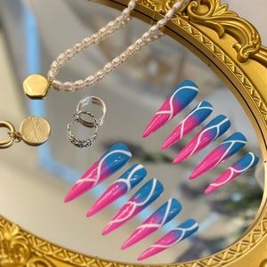 Pink Blue Super Long Handmade Press On Nails For Girls